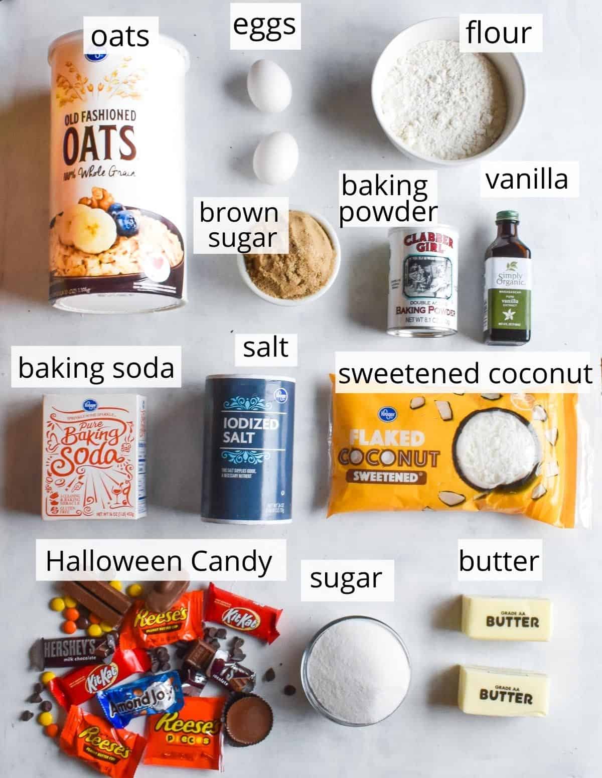 ingredients for cookie bars with labels. 