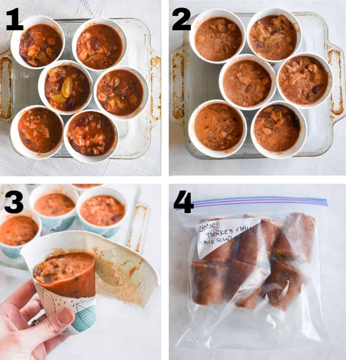 4 photos showing how to freeze the soup in paper cups and then store in freezer.