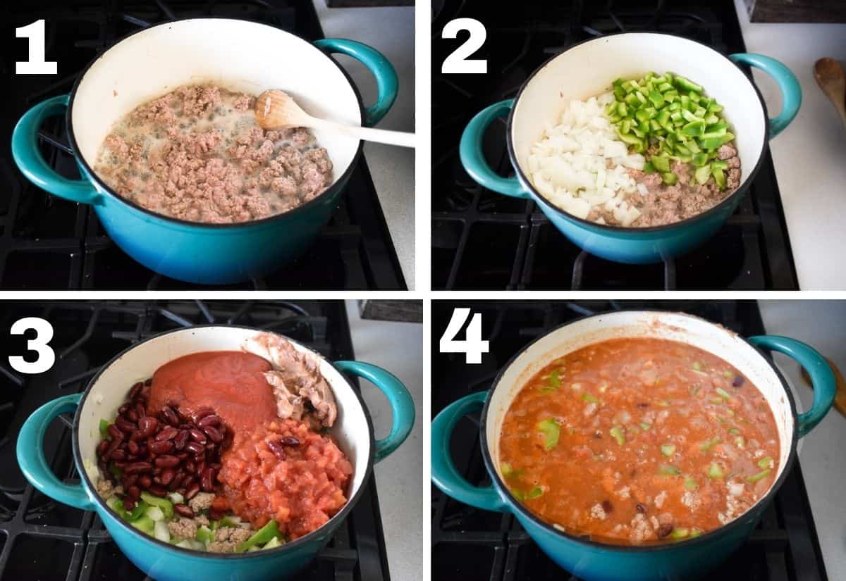 4 photos showing how to make the turkey chili.