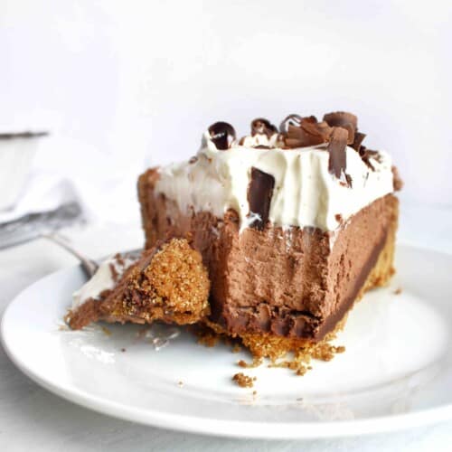 orange chocolate truffle pie with gingersnap crust with bite out of it