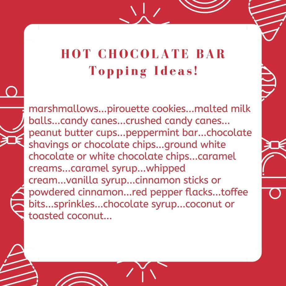 list of topping ideas for DIY hot chocolate bar