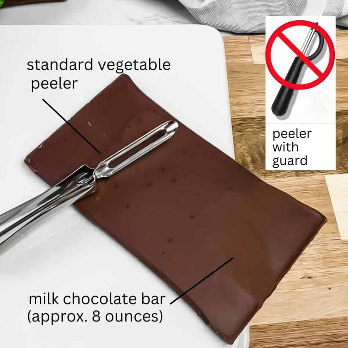 large milk chocolate bar and vegetable peeler without a guard.