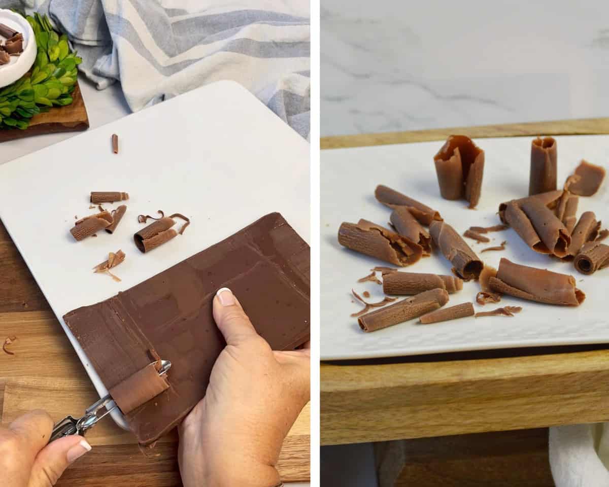 peeling the flat side of the chocolate bar to get wider chocolate curls that resemble tree bark.