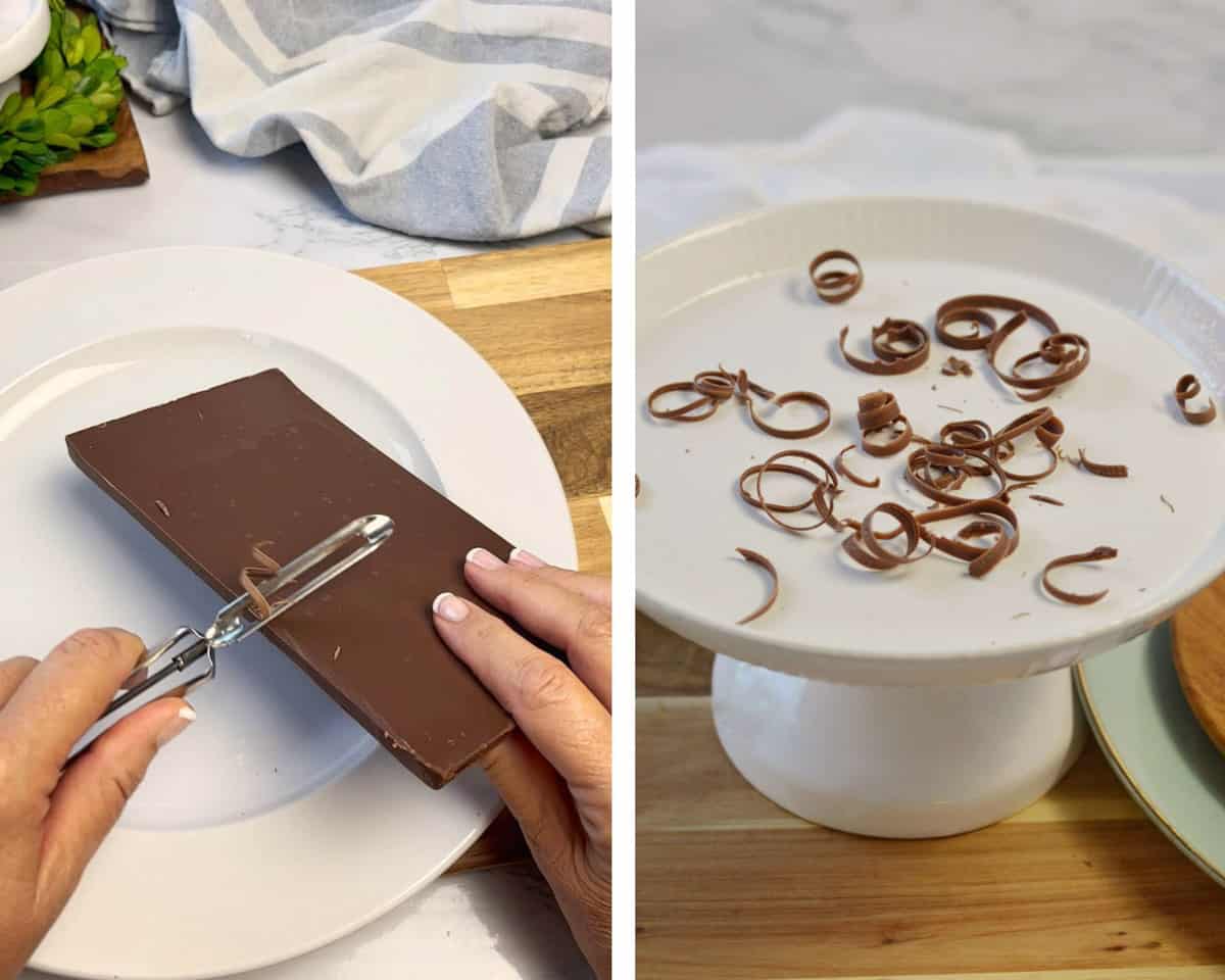 2 pictures showing how to peel sharp edge of chocolate bar to make chocolate twirls.
