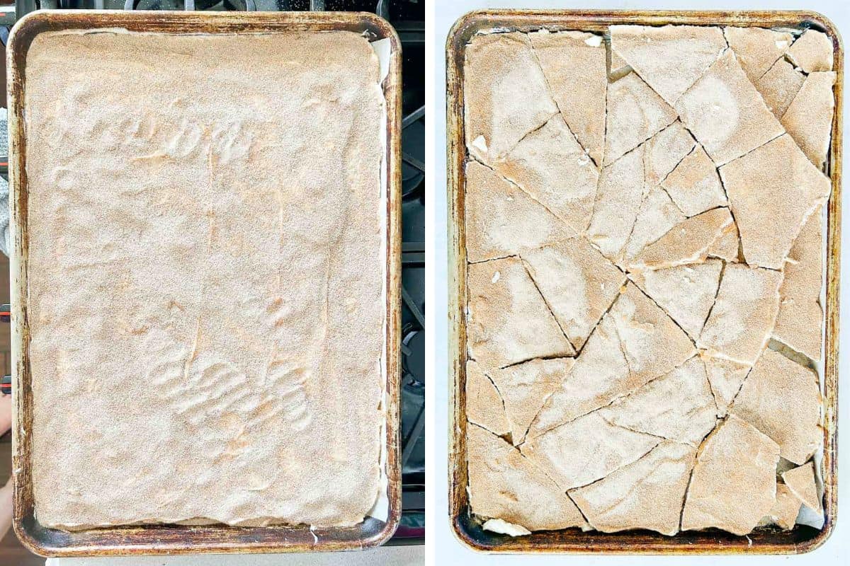 two images showing how to coat toffee in chocolate and cinnamon sugar. 