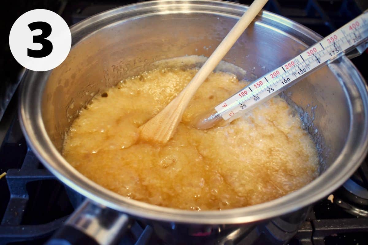 butter and sugar boiling in pot on stove. 