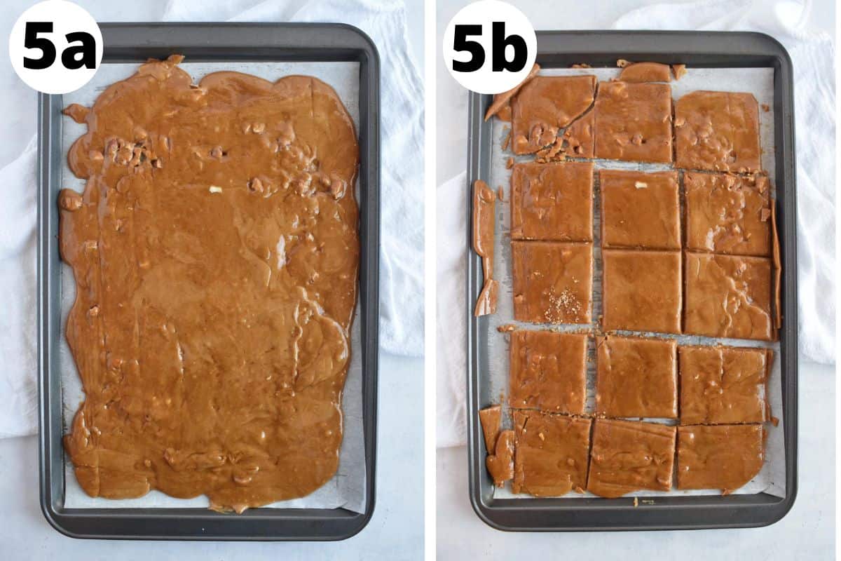 two images showing how to pour and slice toffee. 