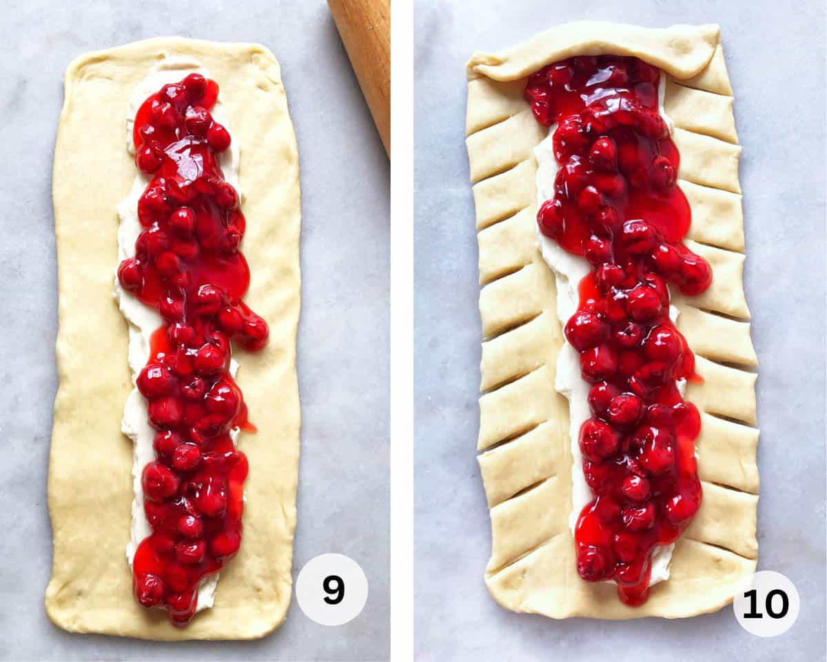two long pieces of dough spread with cream cheese and cherry filling.