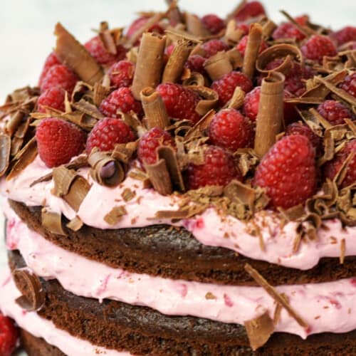 chocolate raspberry cake topped with a variety of chocolate curls.
