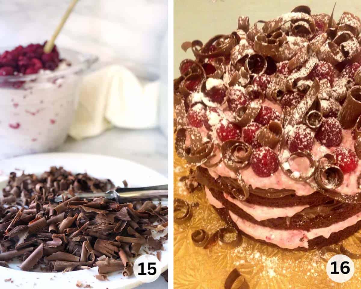 2 pictures of chocolate curls and layered chocolate raspberry cake.