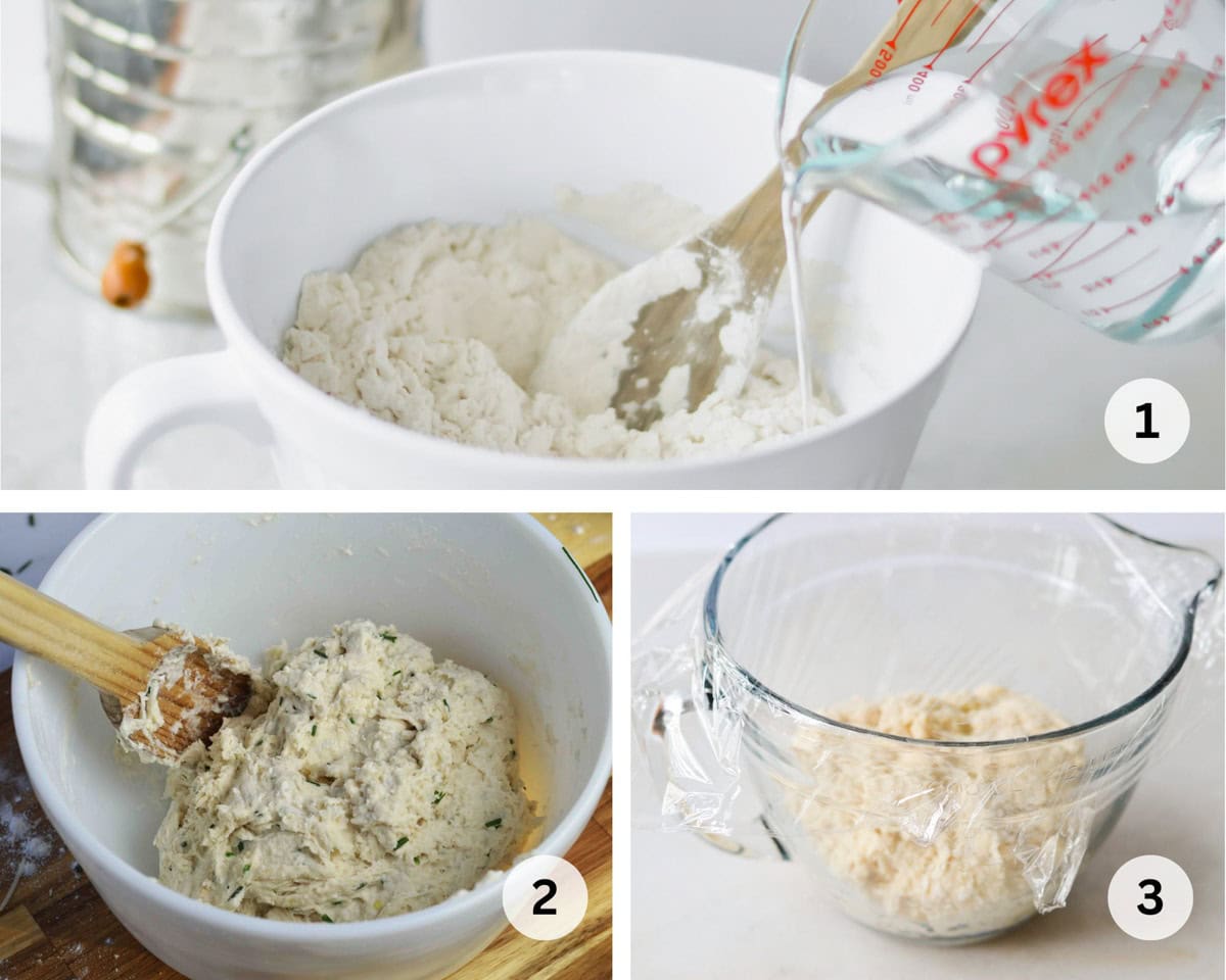 mixing bread dough in bowl.