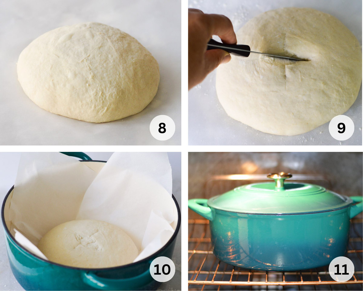 process of marking dough and bsking herb artisan bread in a turquoise Dutch oven.