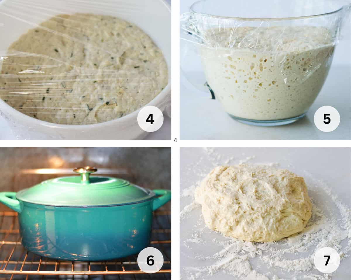 bread dough rising and dutch oven preheating in oven.