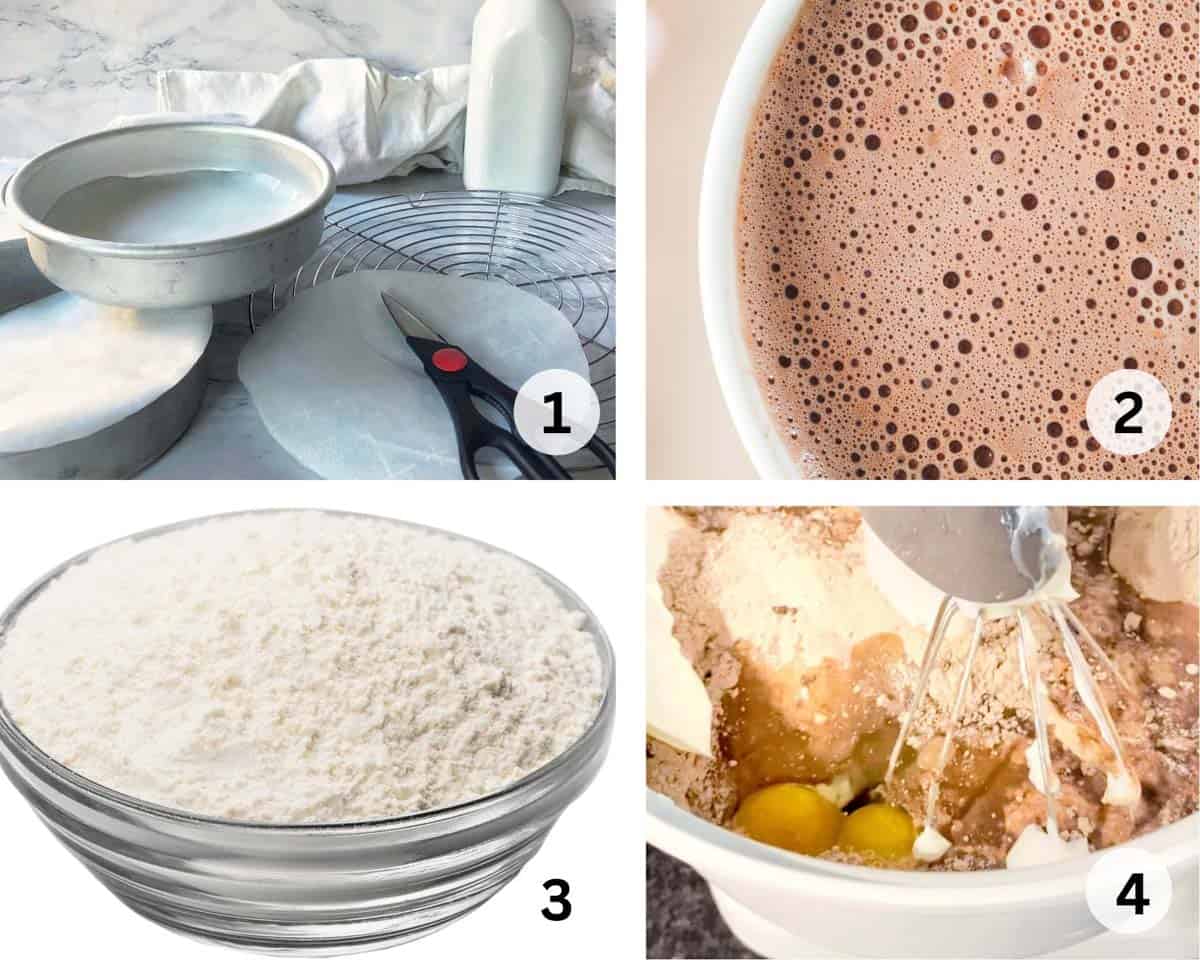 four pictures to show how to make a chocolate cake.