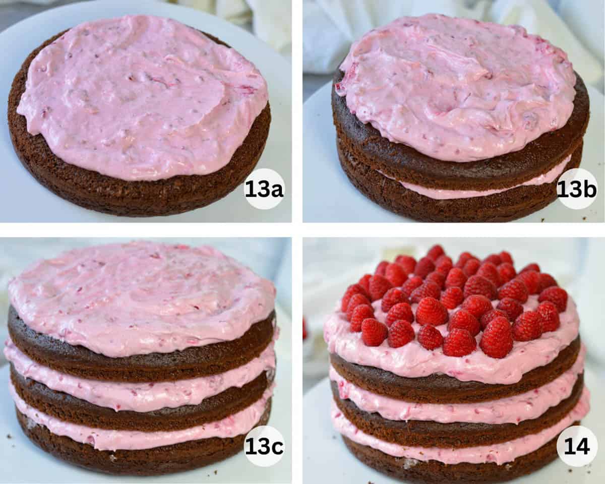 four pictures of spreading raspberry mousse on layers of chocolate cake.