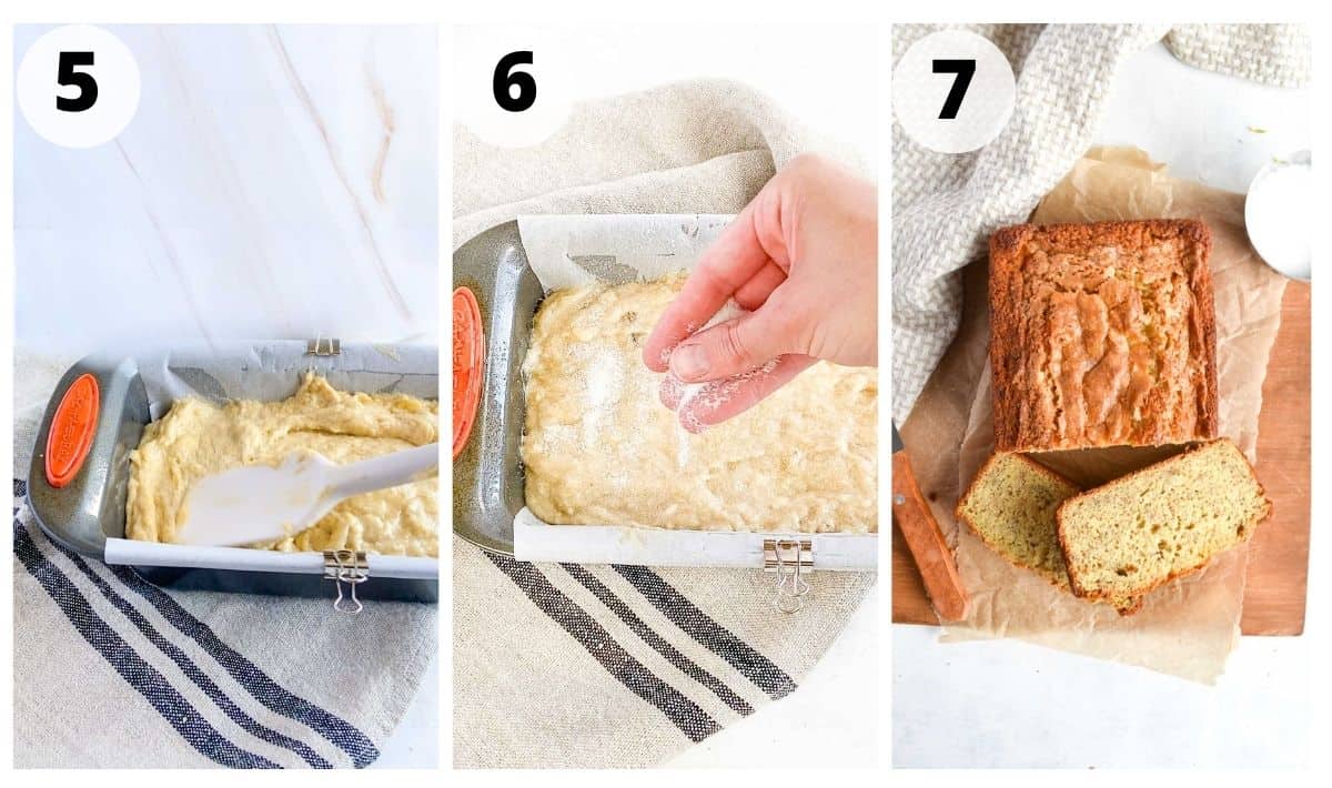 3 images showing how to top batter with sugar and bake. 