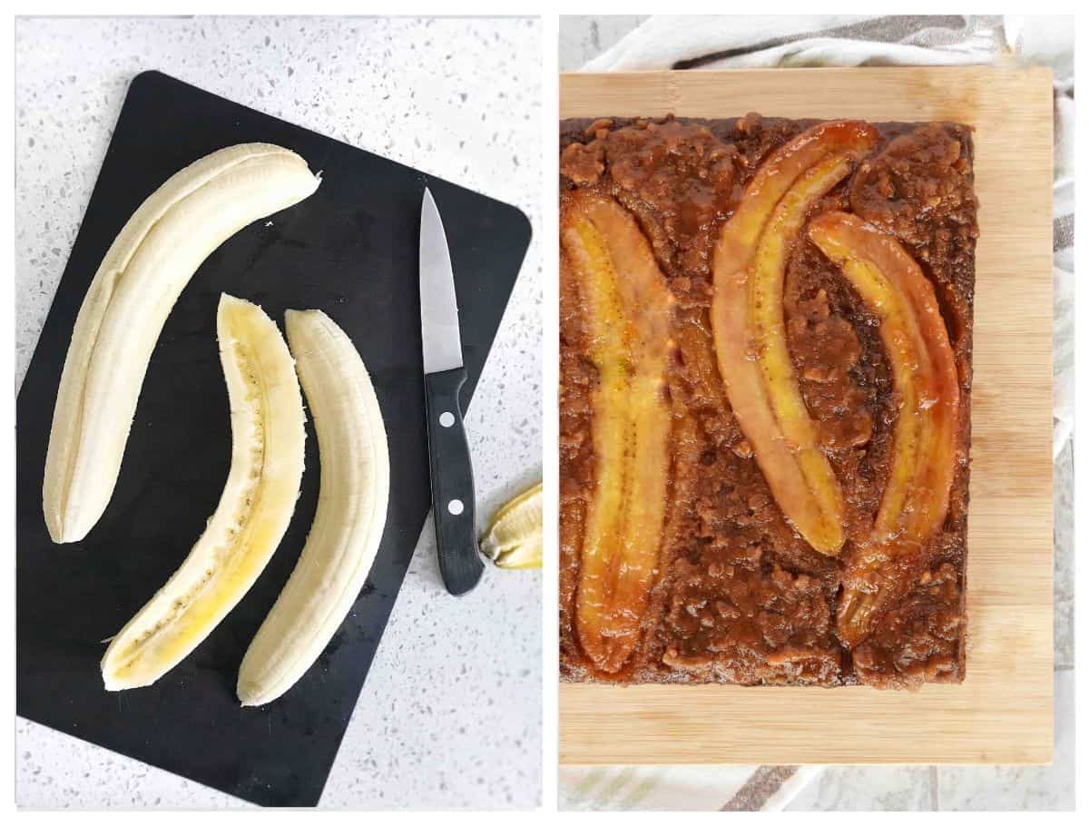 two images showing how to top bread with whole banana