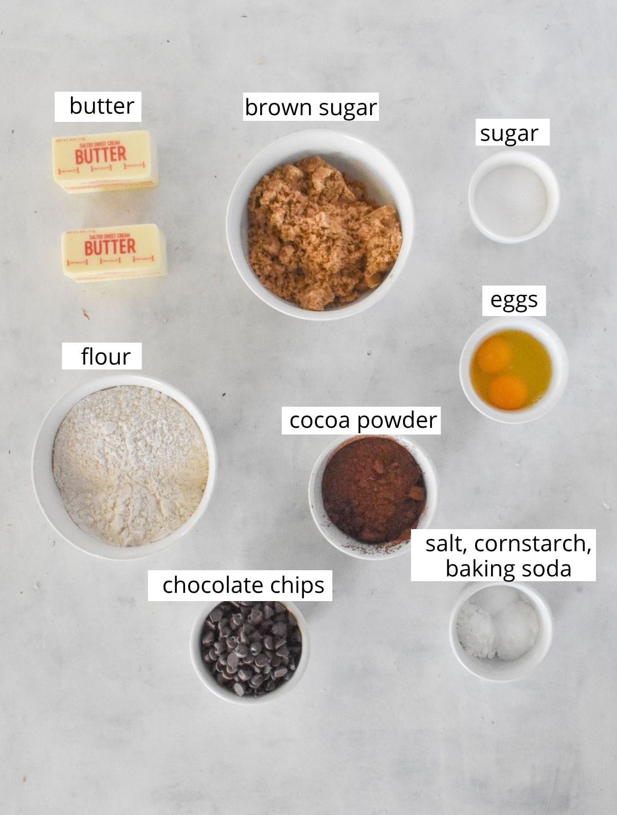 chocolate cookie ingredients laid out.