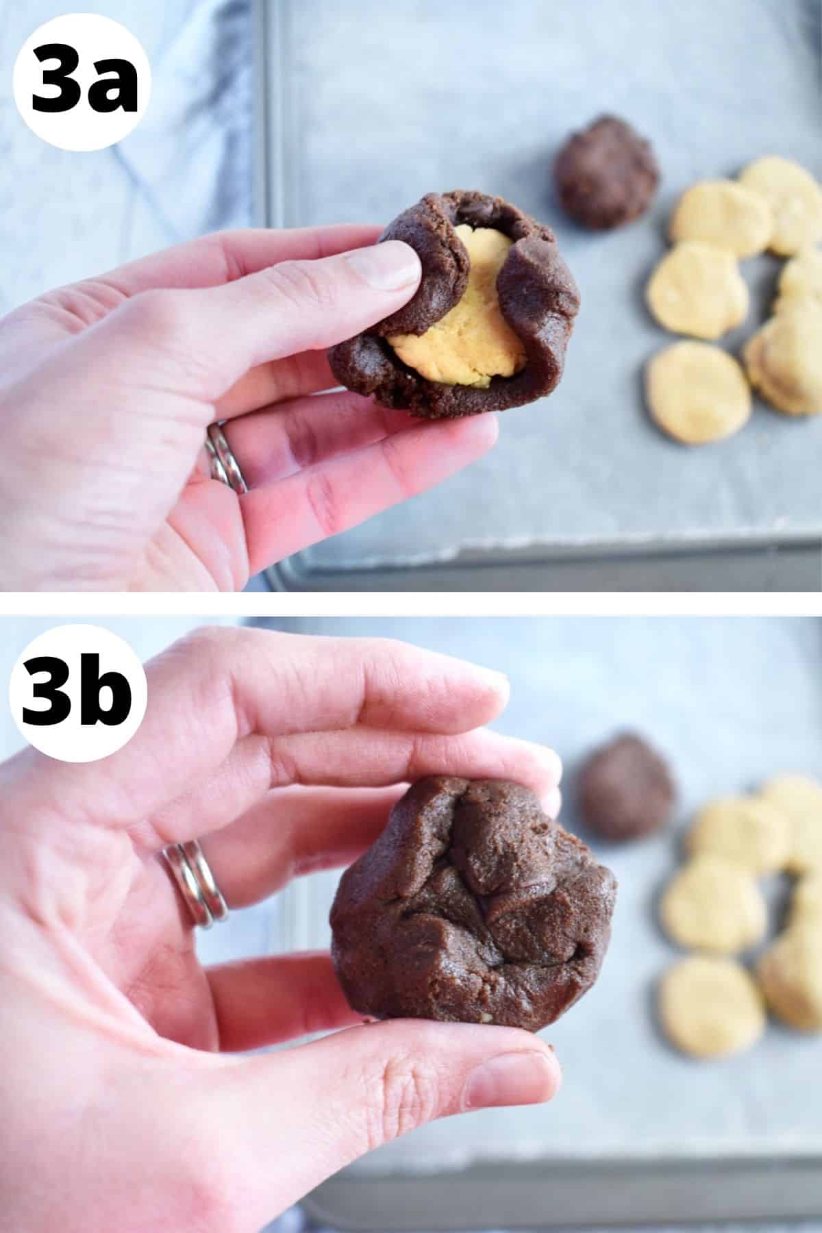 Peanut butter filling being stuffed inside chocolate cookie dough.