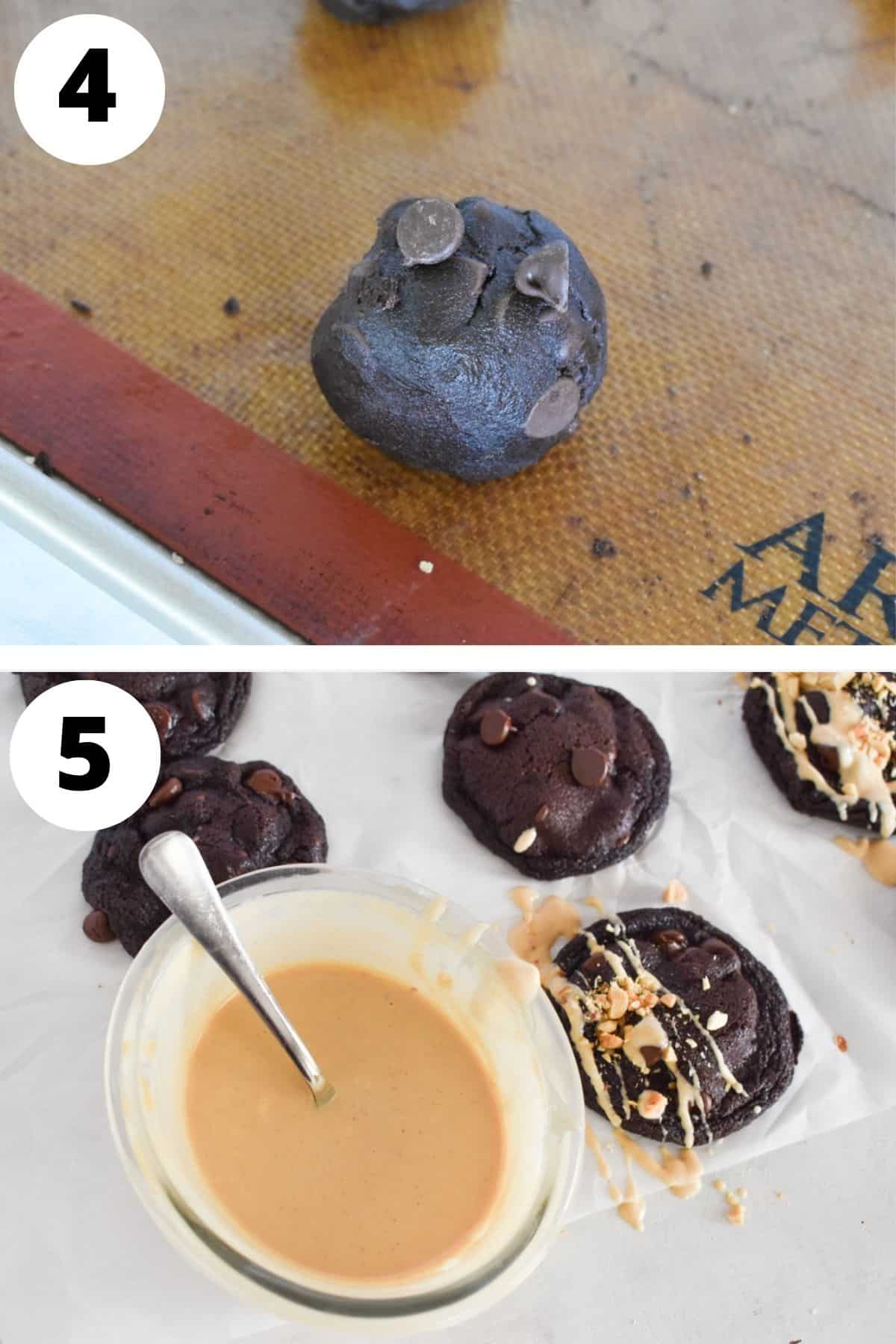 cookies baked and decorated with peanut butter drizzle.