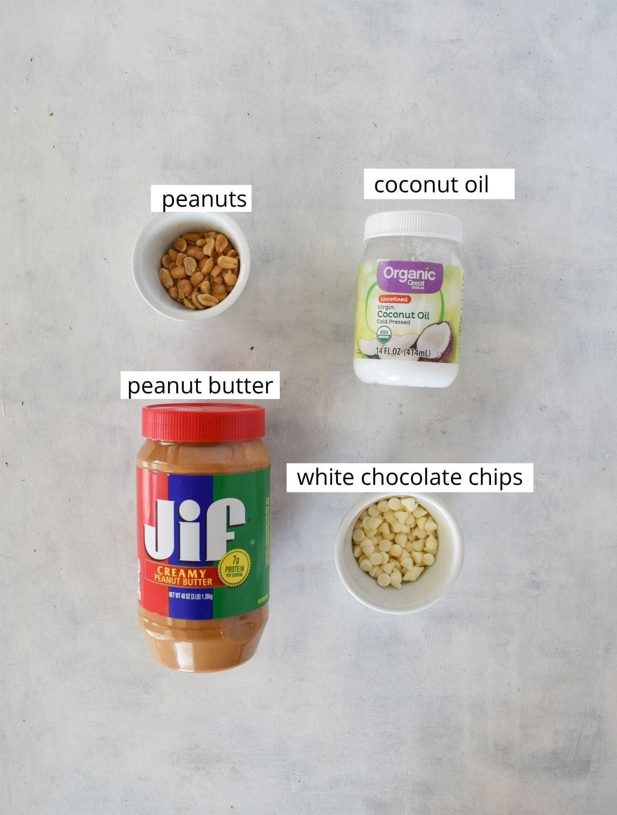 Peanut butter drizzle and cookie finishes ingredients laid out and labeled.