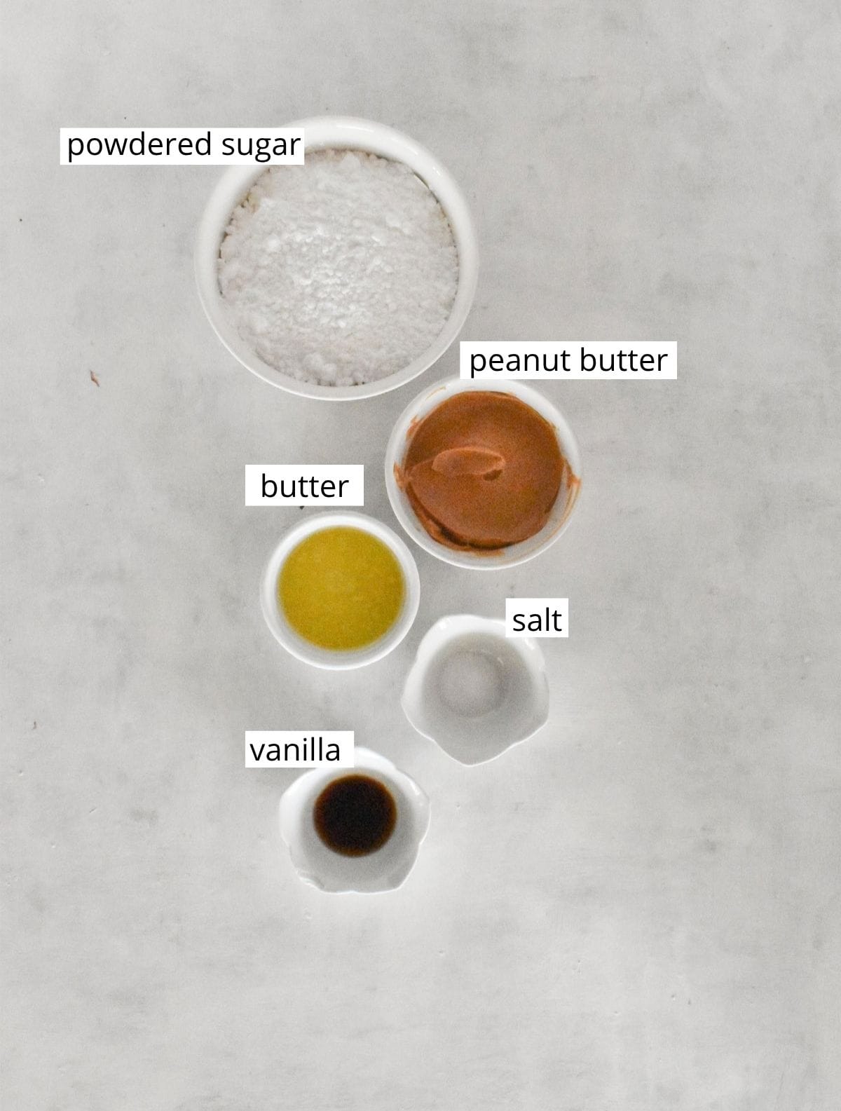 peanut butter filling ingredients laid out and labeled.