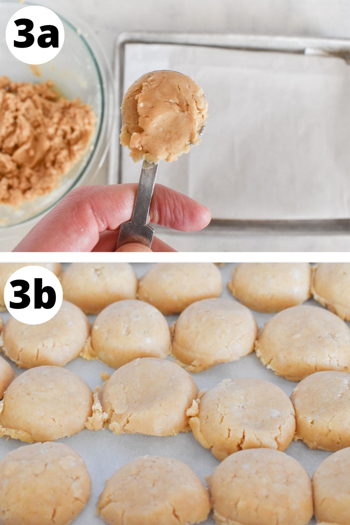 Scooping and freezing peanut butter filling.