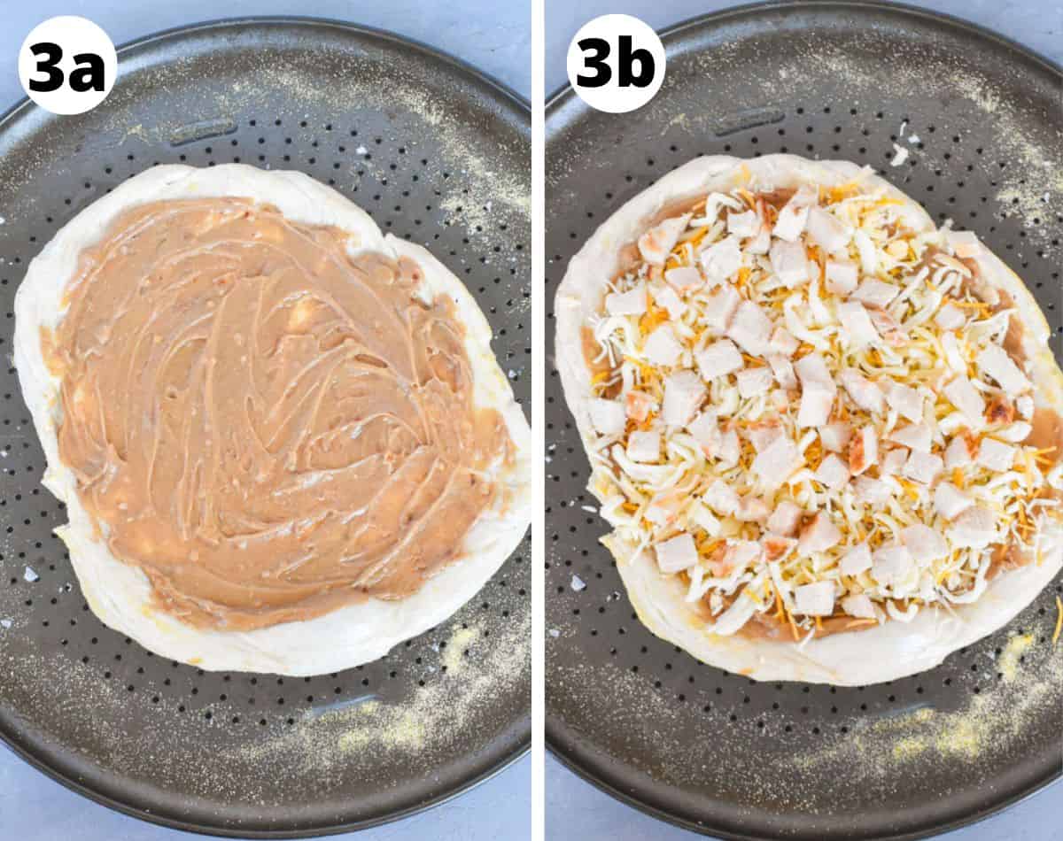 two images showing pizza dough with sauce on it and then with chicken on it. 