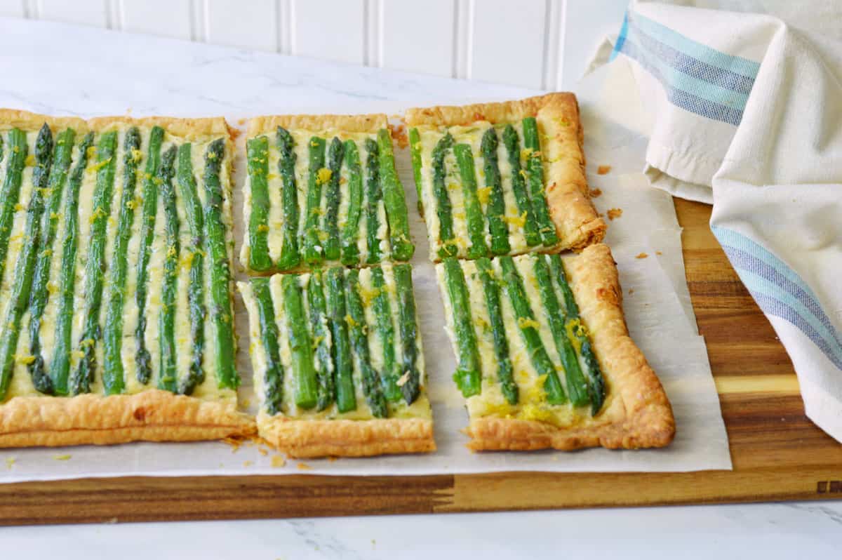 rectangle of asparagus puff pastry cut and ready to serve.