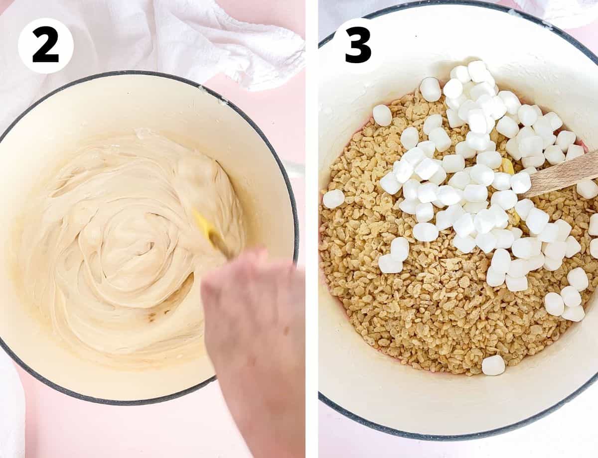 two images showing how to add marshmallow fluff and then cereal and mini marshmallows. 