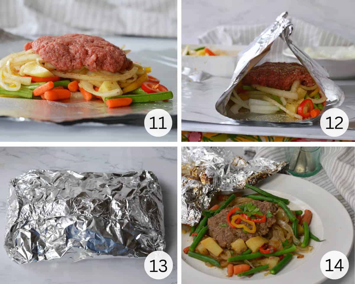 placing foil dinner ingredients on aluminum foil and wrapping them.