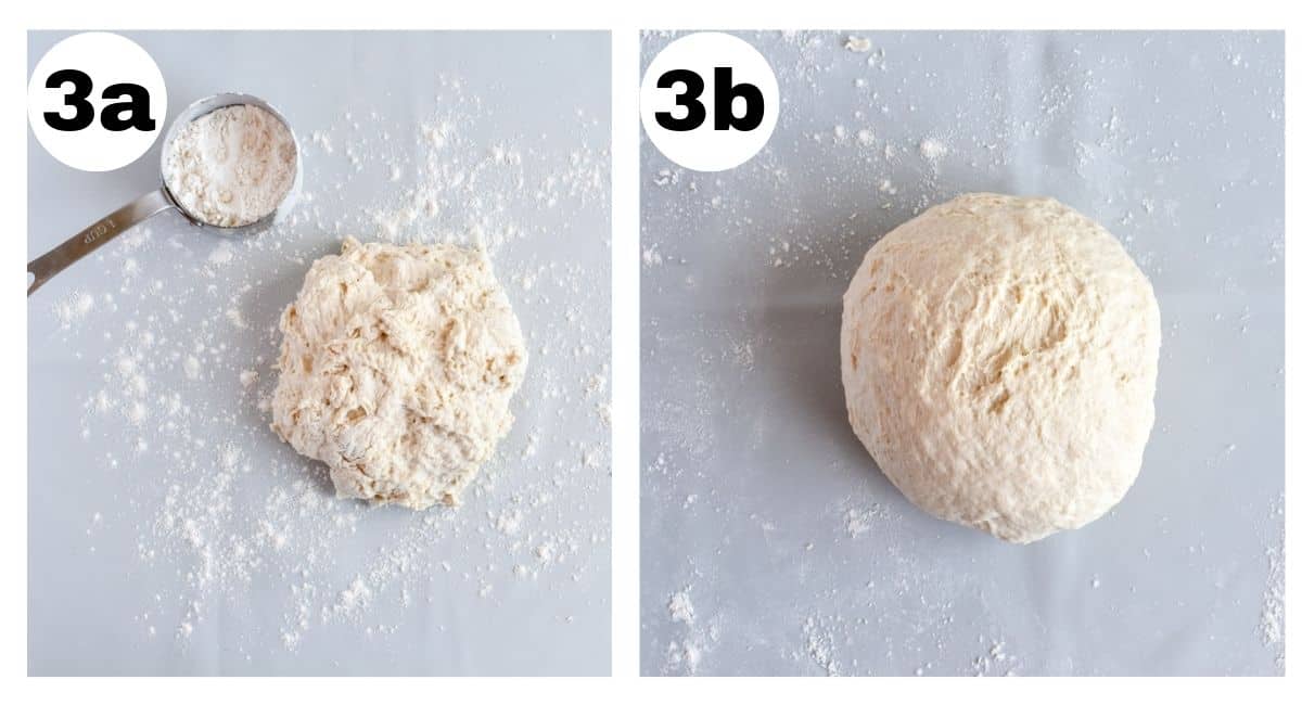 two images showing dough before and after kneading. 