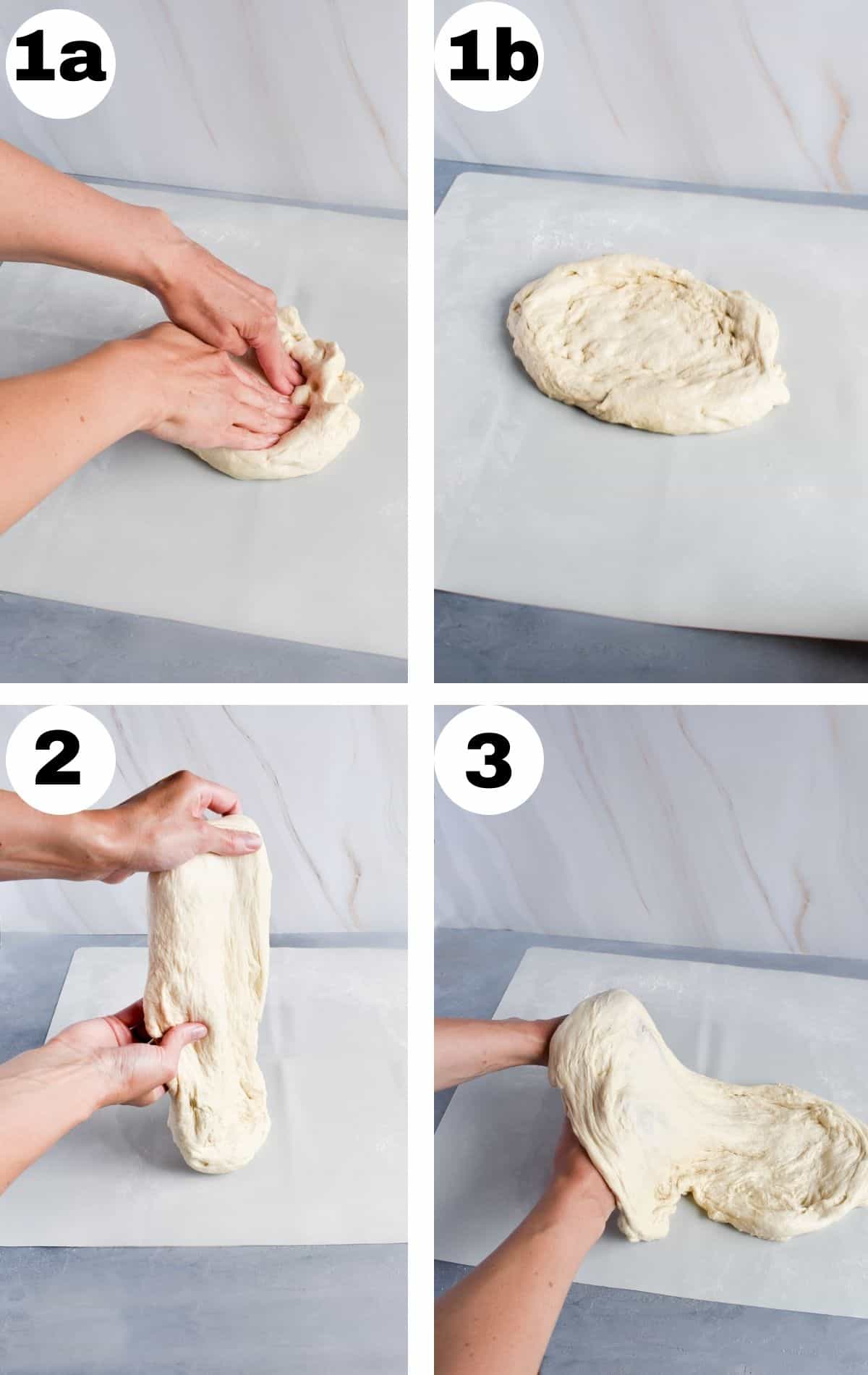 4 images showing pizza dough being stretched. 