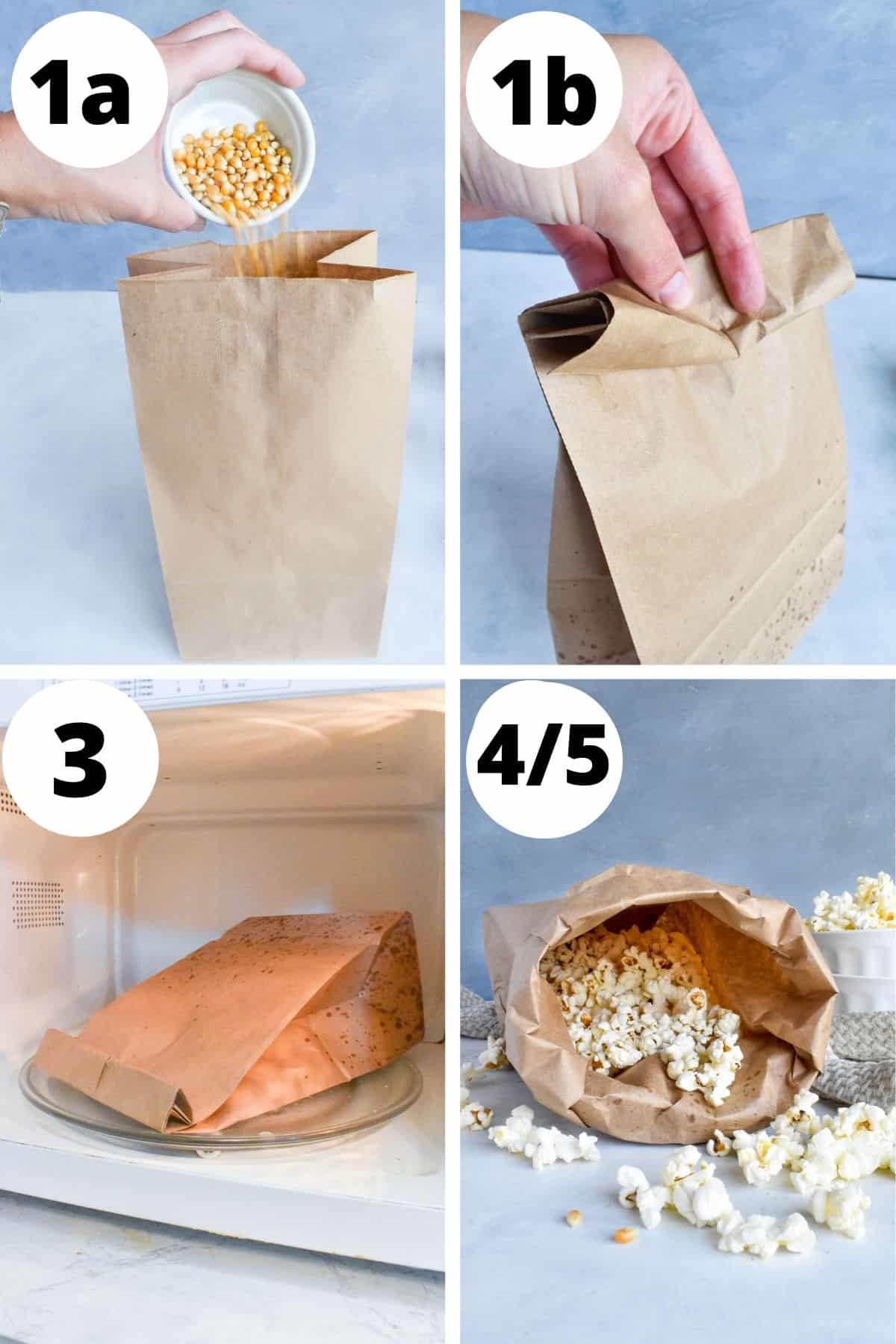 4 images showing how to make popcorn in a paperbag. 