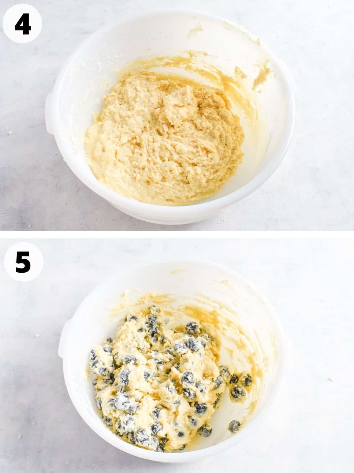 two images showing how to add dry ingredients and then blueberries. 