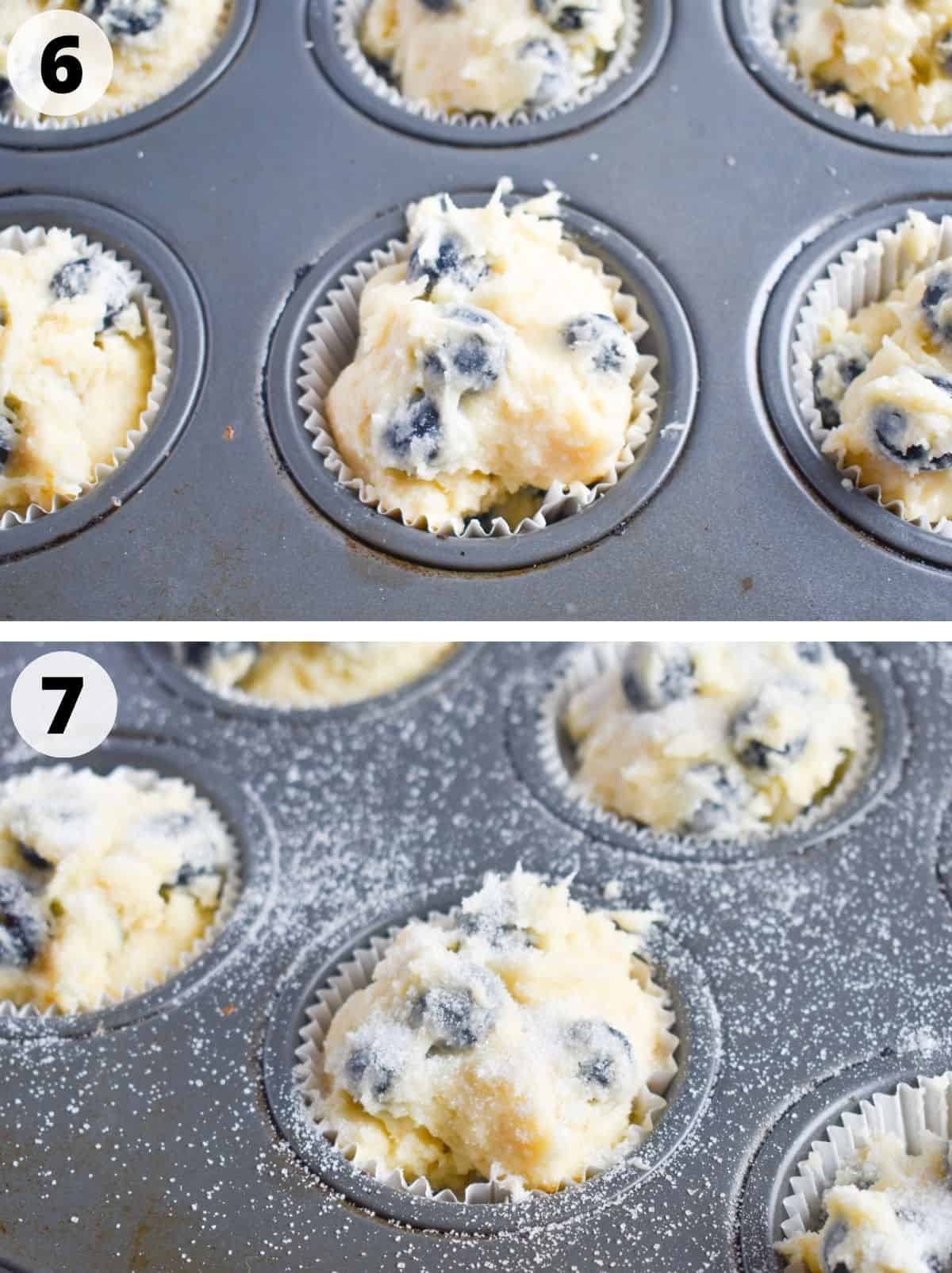 two images showing muffin batter in pan topped with sugar. 