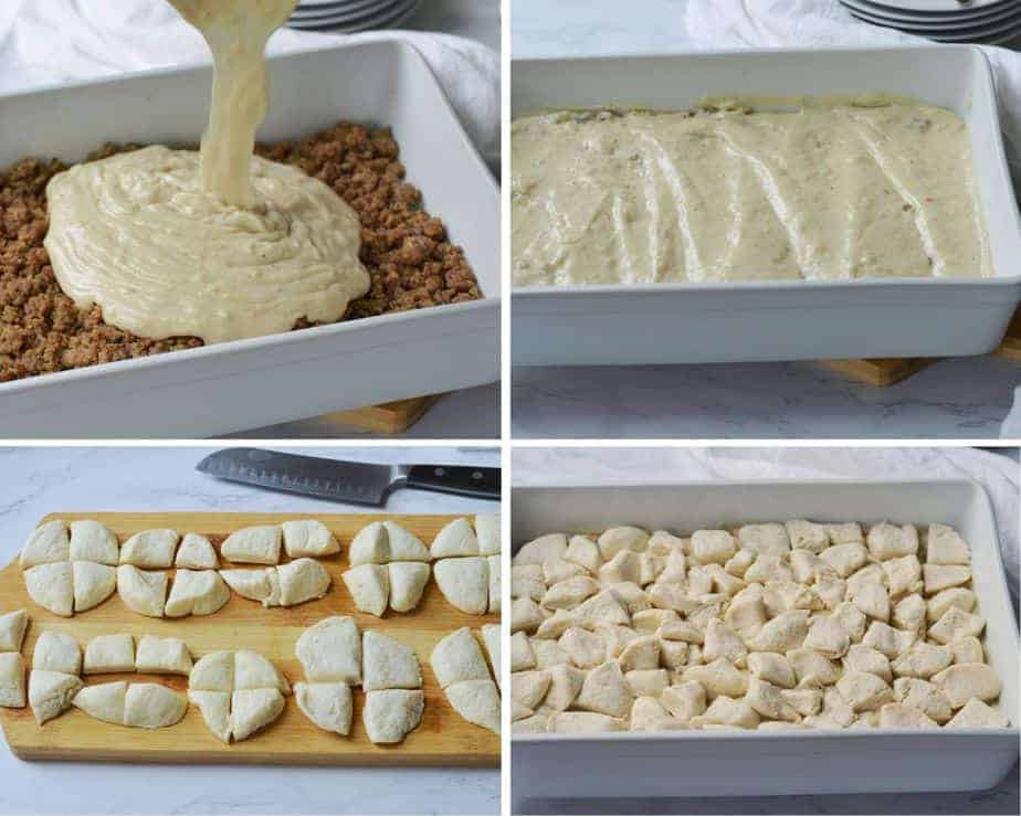 4 pictures assembling biscuits and gravy casserole