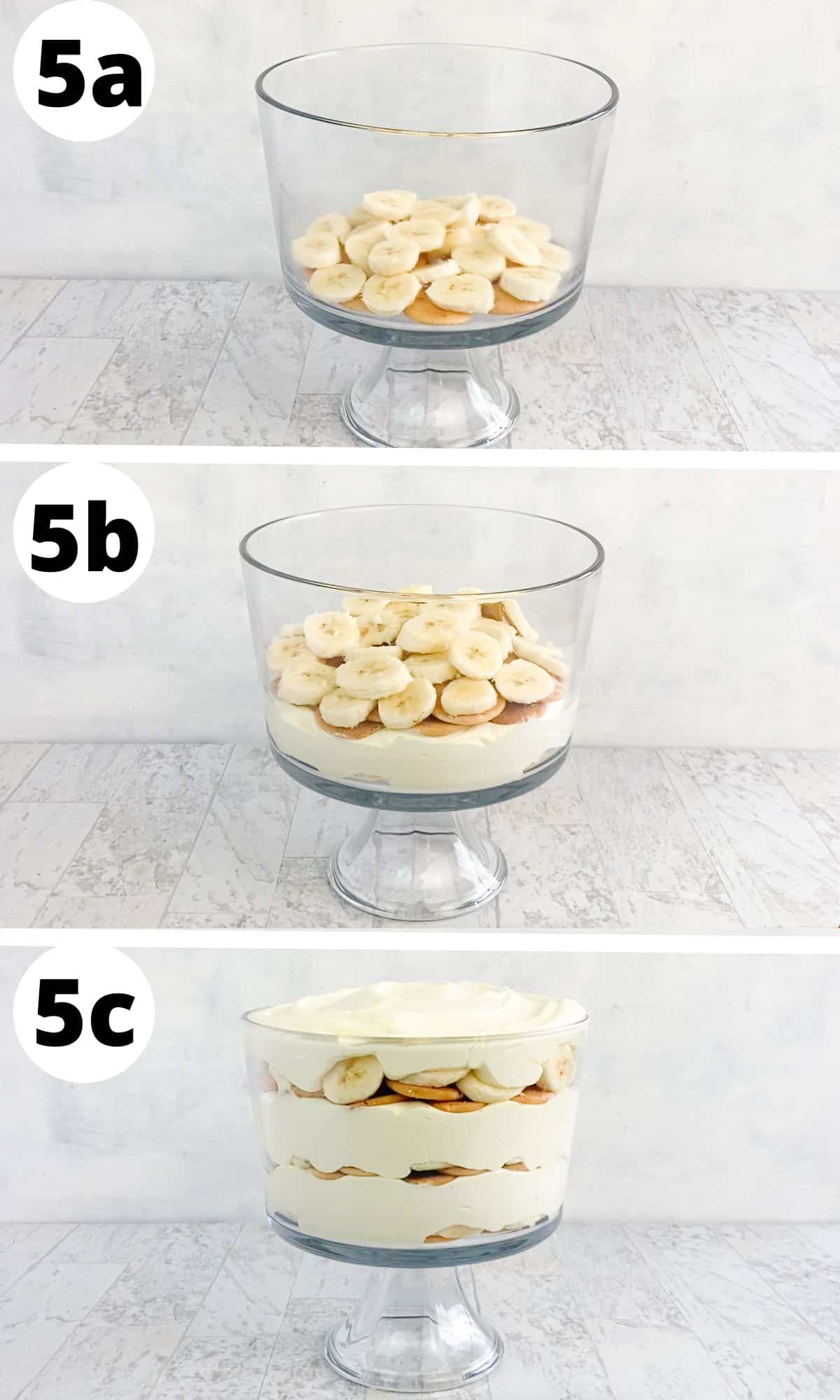 three images showing how to layer banana pudding. 