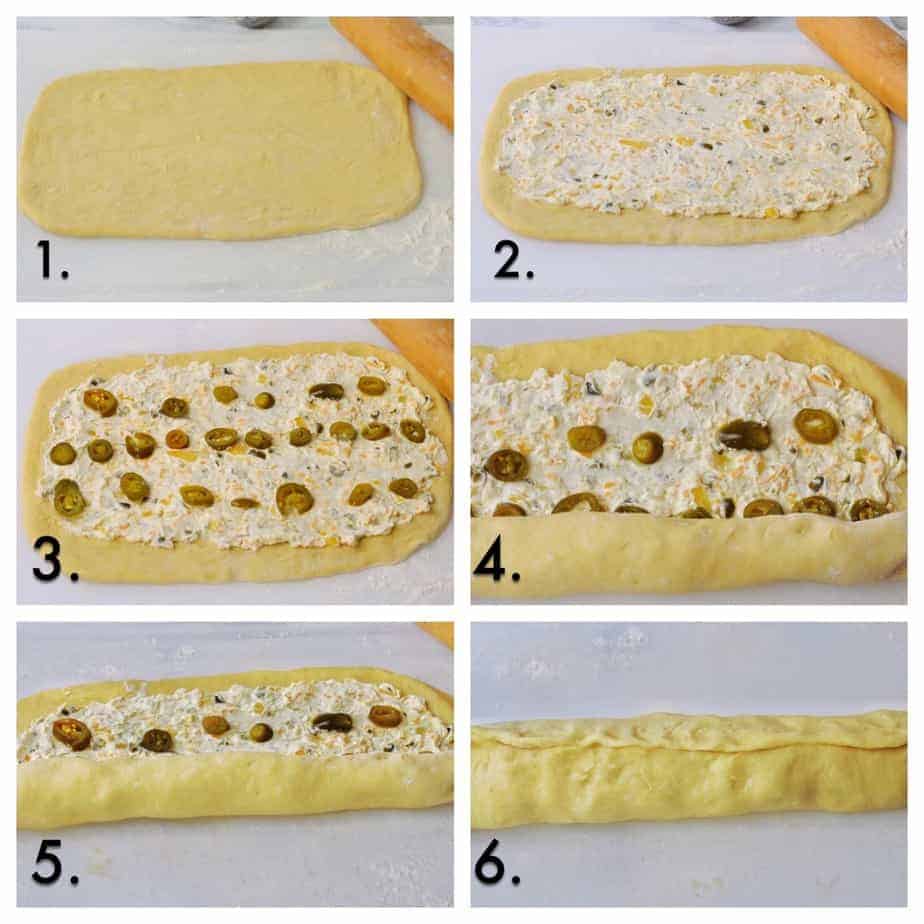 process pictures for filling dough and rolling jalapeno popper rolls