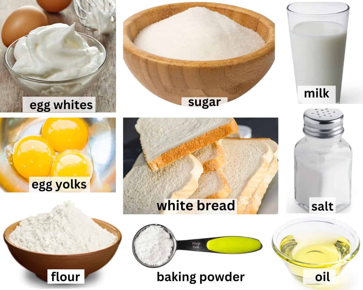 labeled ingredients for fluffy French toast.