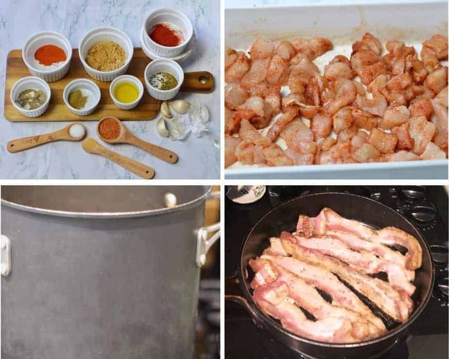 process pictures showing spice bowls, raw chicken pieces, a pot and frying bacon.