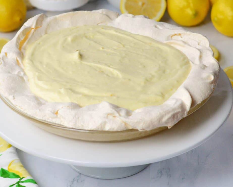 lemon mousse piled in crisp meringue shell
