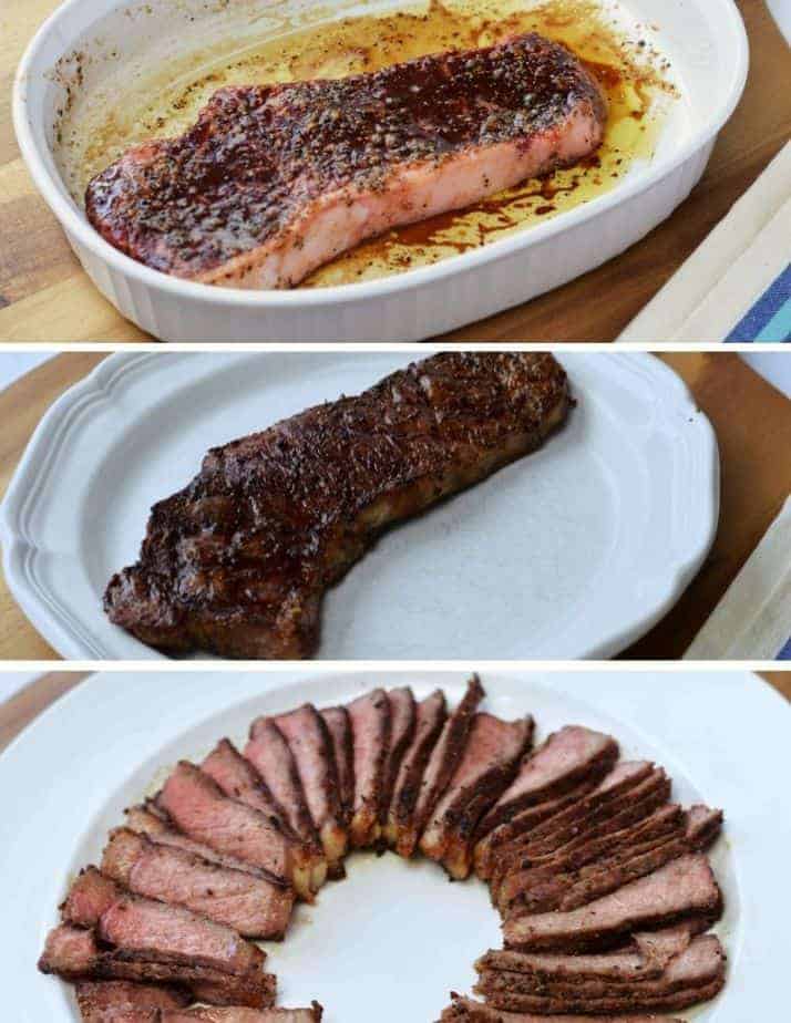 3 pictures of steak: uncooked, cooked and sliced.
