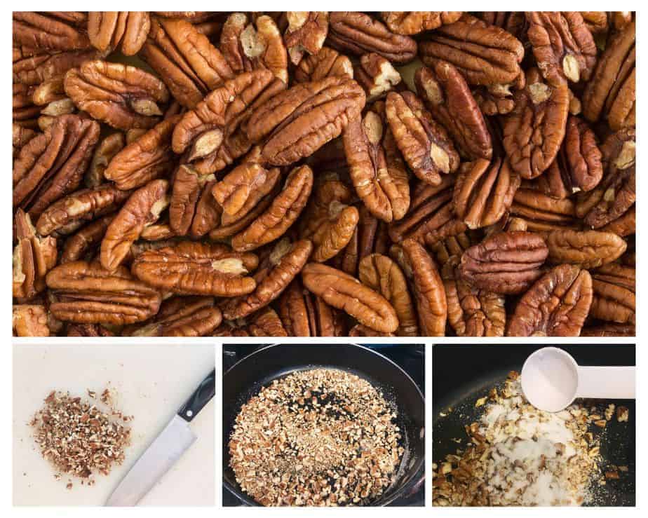 4 pictures of pecans and how to sugar them in a frying pan