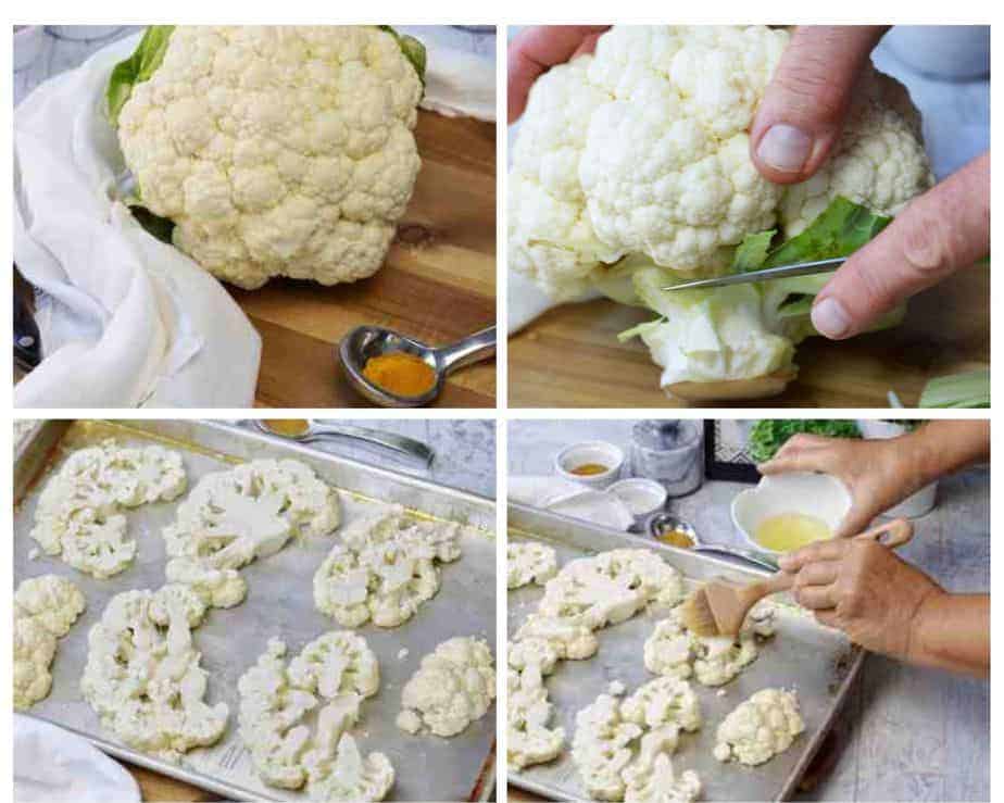 process pictures showing how to trim and cut cauliflower and prepare it for roasted curry cauliflower bites