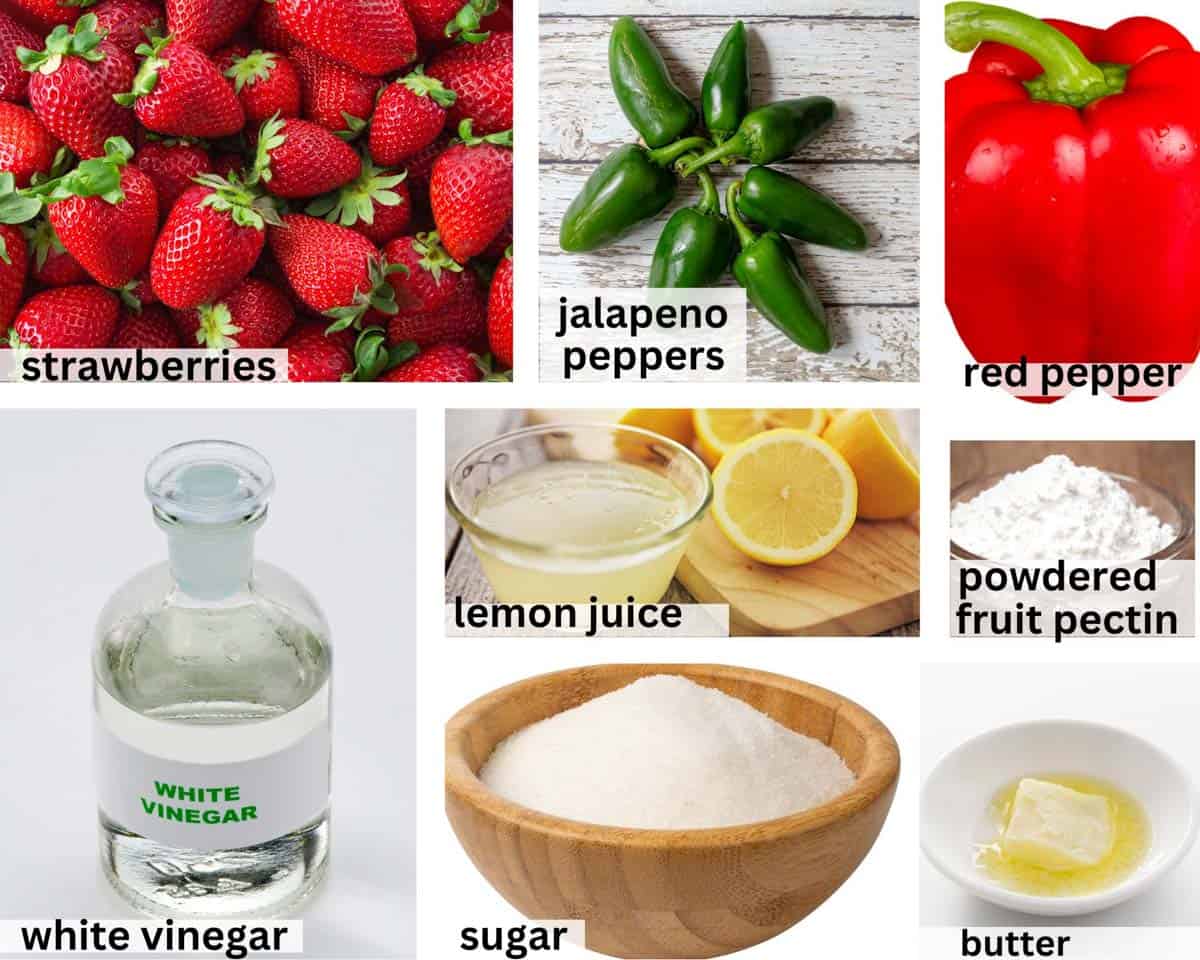 ingredients to make strawberry jalapeno jam.