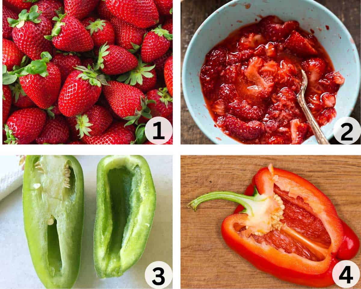 4 process pictures to make strawberry jalapeno jam. 