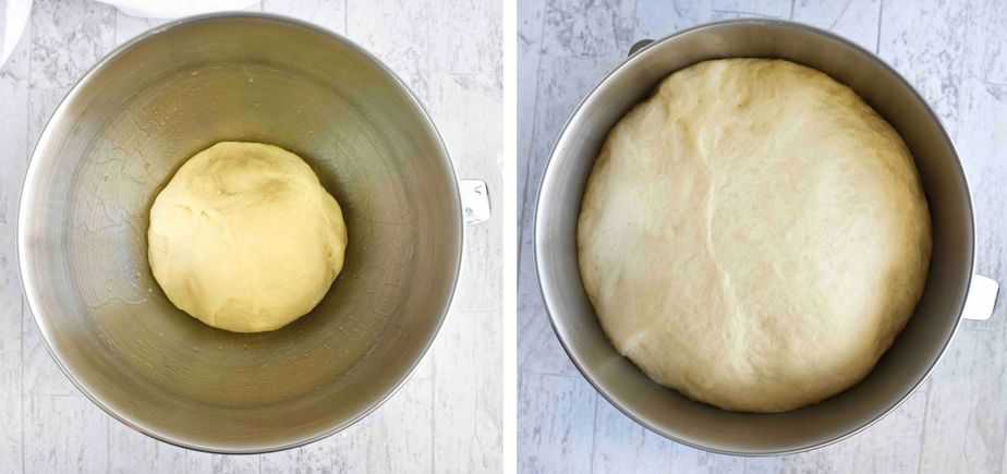 two images, dough in bowl, dough risen in bowl