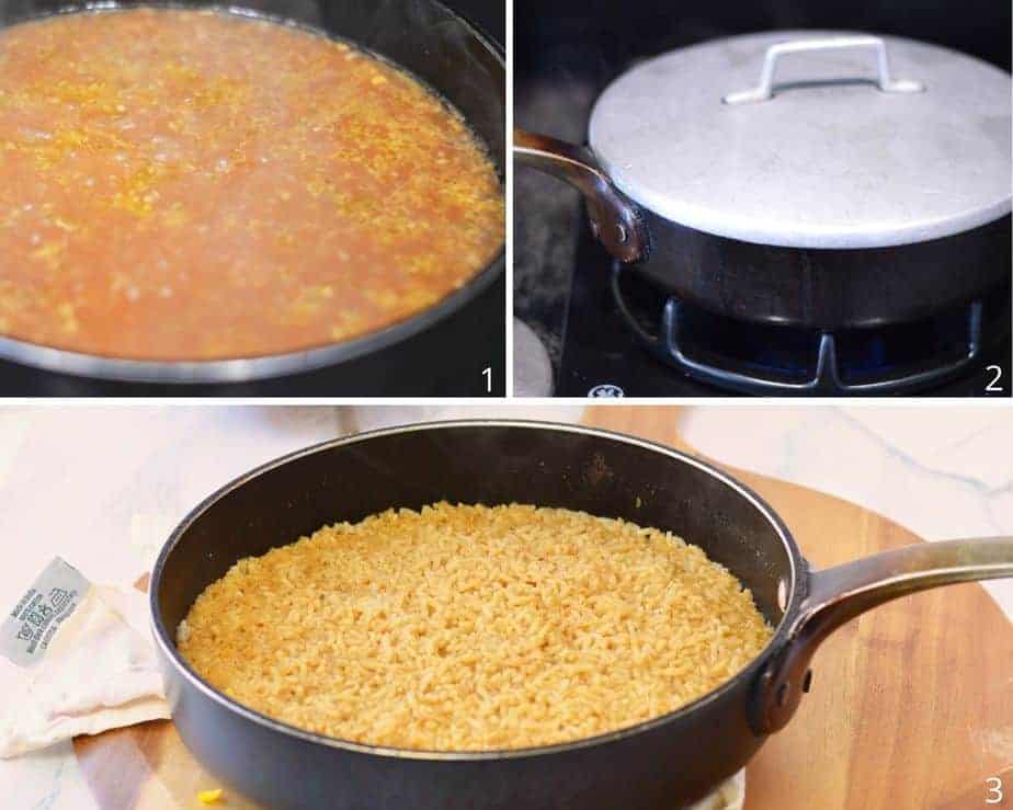 3 pictures showing how to cook Cajun rice