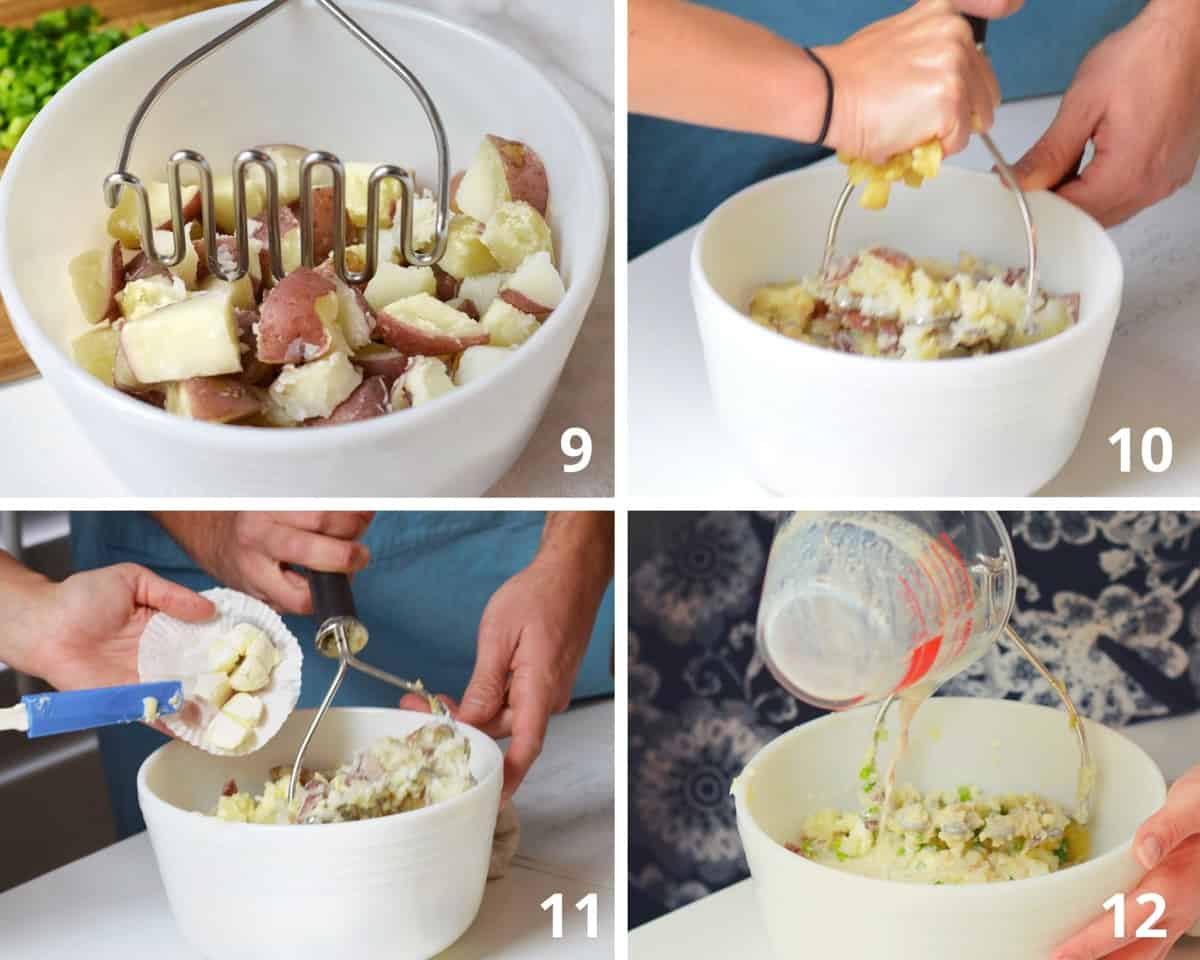 4 steps for mashing garlic redskin mashed potatoes.
